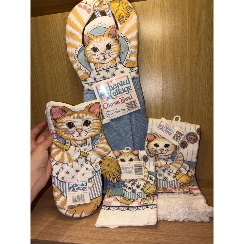 Vintage Enchanted Cottage Cat Kitchen Set Towels Oven Mitt NWT